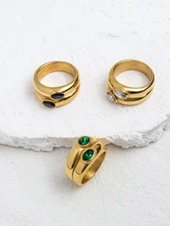 JinYve Clear green, black, white Zircon thick double dome ring Women's thick double wide ring stainless steel gold waterproof