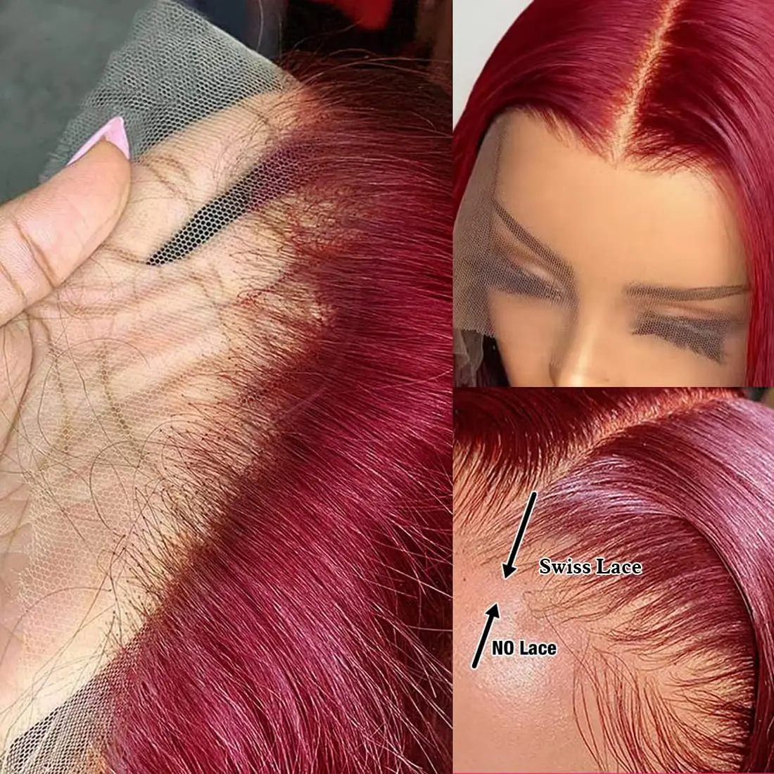 Peruca peruca dianteira do laço natural brasileiro straight-Borgonha 99j, hd, densidade 180