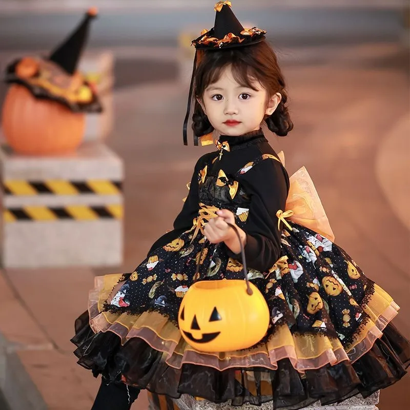 Girls' Spring/Autumn Lolita Dress Children's Pumpkin-Pattern Long Sleeve Lolita Princess Dress Baby Performance Puff Dress LJ294