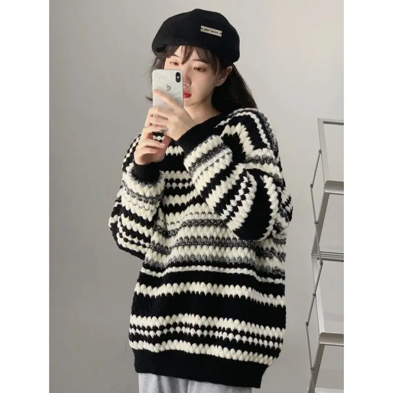 Lazy Style Knitting Striped Loose Pullovers Top Women Clothing Long Sleeve Contrast Casual Sweaters Fashion Korean Spring Autumn