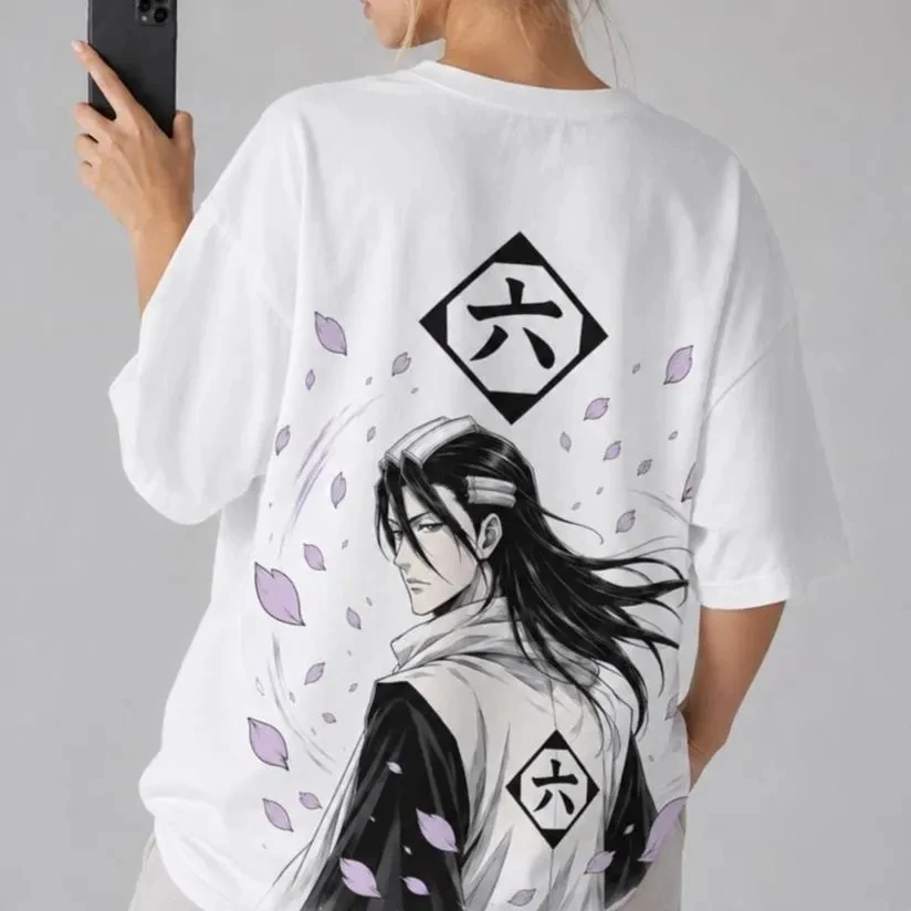 Camiseta de Manga Corta BLEACH Byakuya Kuchiki, Anime Manga Streetwear Casual Oversized con Estampado Gráfico del Capitán de la Sexta División para Hombre