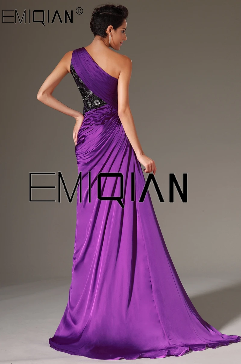 One Shoulder High Slit Purple Chiffon Evening Gowns Contrast Color Black Lace Evening Dresses