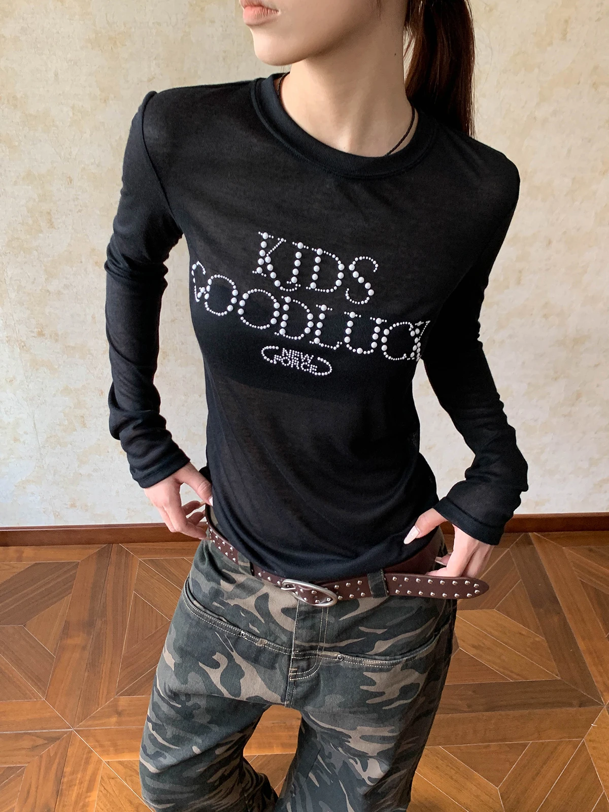 

Женская футболка Aket American Sle Long Sve свободного кроя с жемчугом и стразами, дышащий утягивающий топ с буквенным принтом