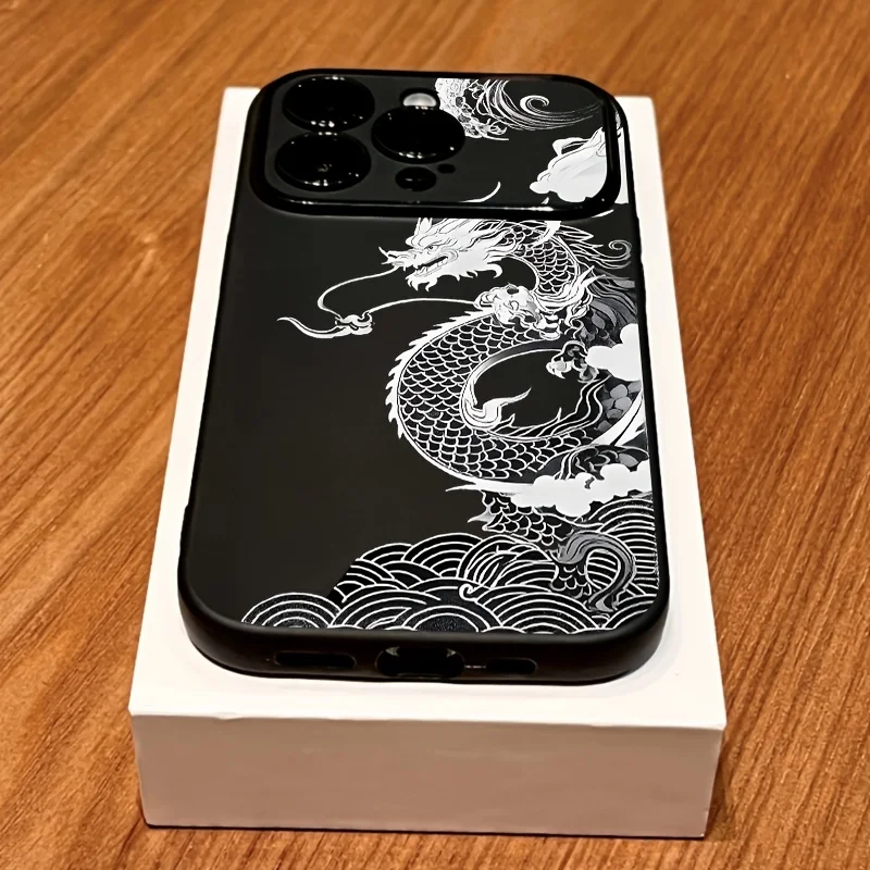 Funda con Patrón de Dragón Lineal Negro con Ventana para iPhone 11 12 13 14 15 16 17 Air Pro Max XR XS X Plus Silicona INS 5