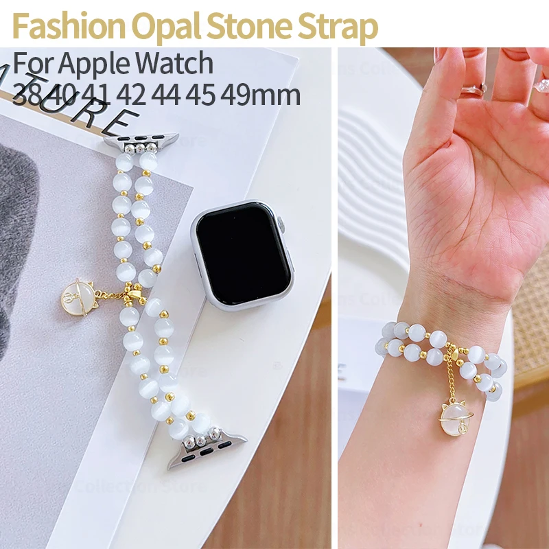 

Fashion Opal Stone Strap for Apple Watch Band 45mm 44mm 42 40 Lucky Cat Beads Bracelet for iWatch Series 7 6 SE 5 4 3 38 41 49mm