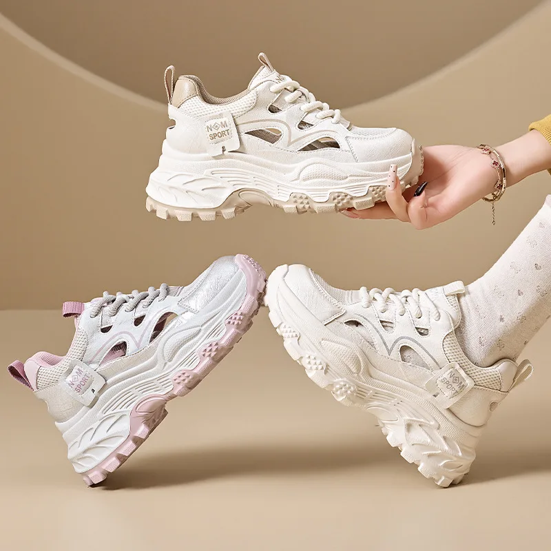 2026 Women's Sports Sneakers Summer New Thick Sole Platform Elevator Casual Shoes Hollow-out Sandals Mesh Breathable Dad Shoes
