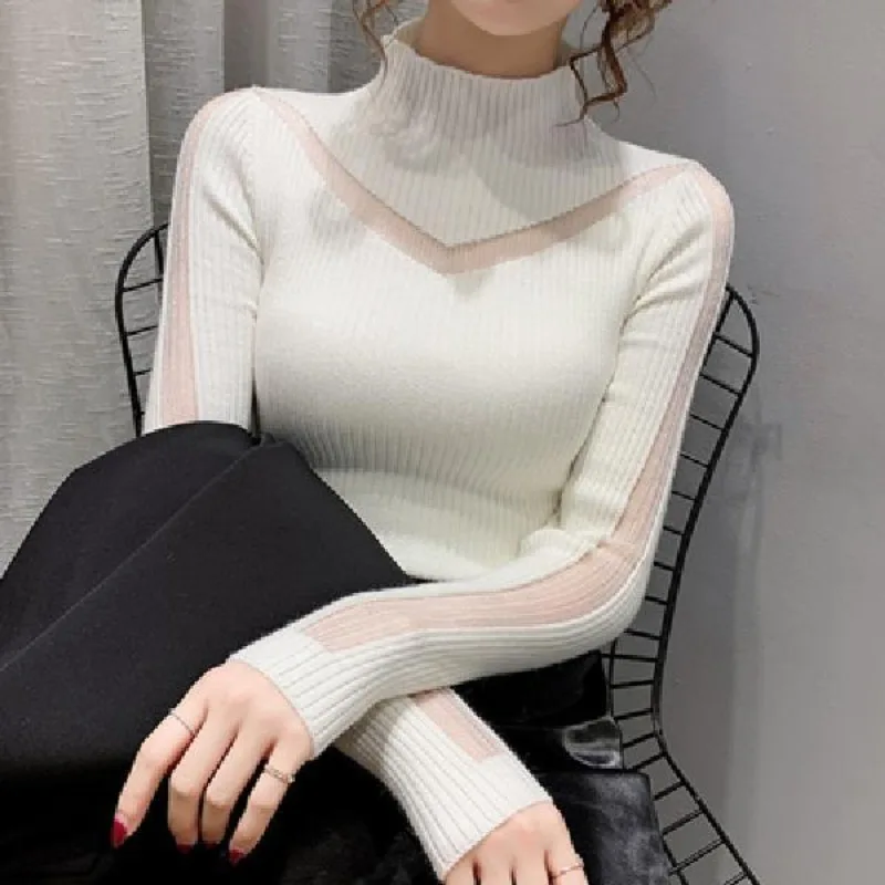 Women\'s 2023 New Solid Gauze Half High Neck Pullover Sweater Long Sleeve Patchwork Fashion Slim Autumn and Winter Knitted Tops