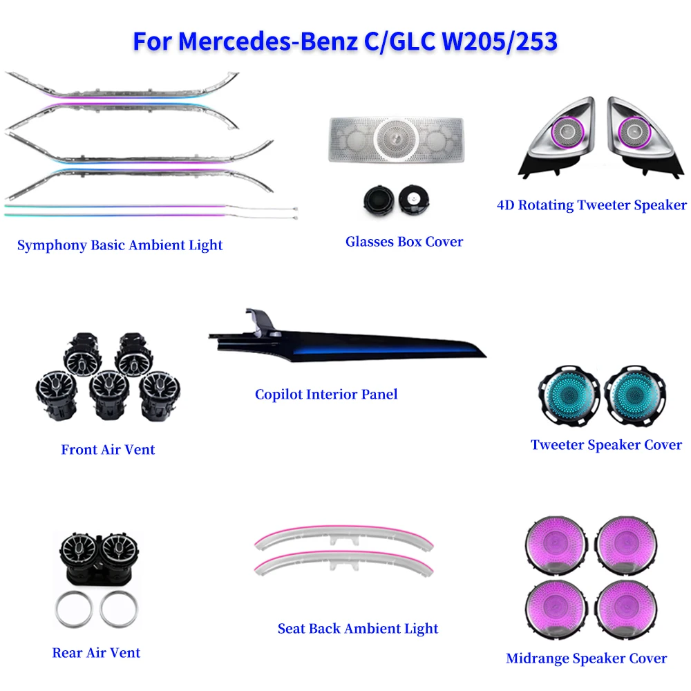 

64 Colors RGB Car Interior Ambient Light Kit for Mercedes C GLC X253 W205 Vents Speaker Seat Back Decorative Retrofit Lighting