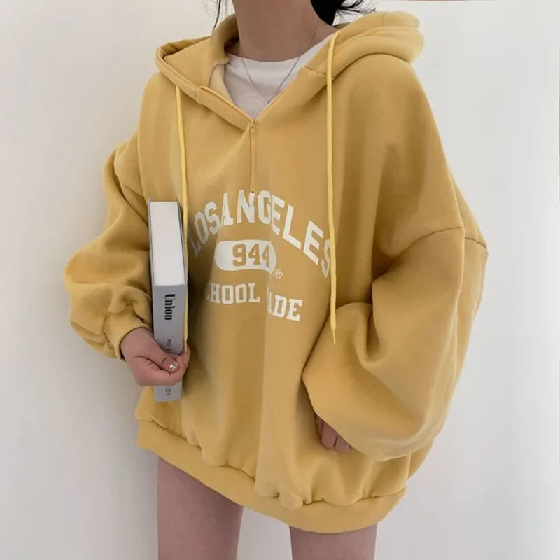 Fashion Letter Print Sweatshirts Women Autumn Winter Loose Preppy Thick Warm Hoodies Harajuku Casual Zipper Hooded Pullovers