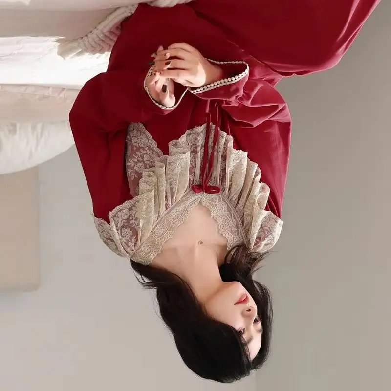 Women's Floral Long Sleeved Long Pants Pajama Set Women's Spring and Autumn Lace Round Neck Home Wear Student Soft Two-Piece Set