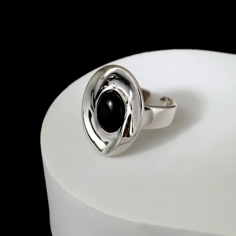 925 sterling silver ring, Korean version, black agate texture, Korean cool style ring, simple accessory R016