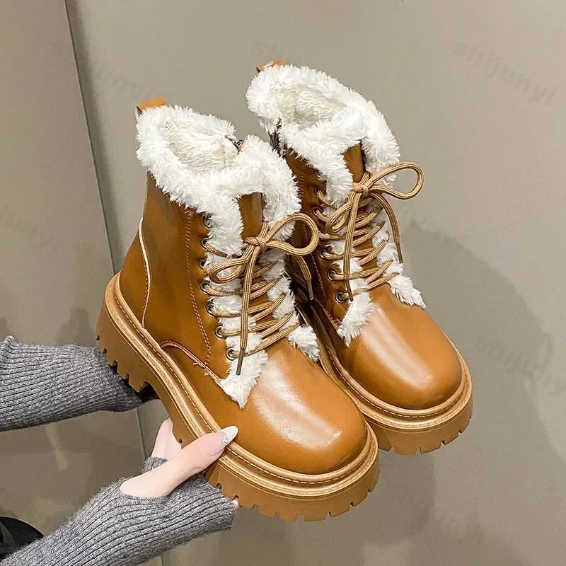 Pu Leather Faux Fur Snow Boots Women Winter Waterproof Non-Slip Plush Ankle Boots Woman Mid Heel Warm Motorcyclre Botas De Mujer