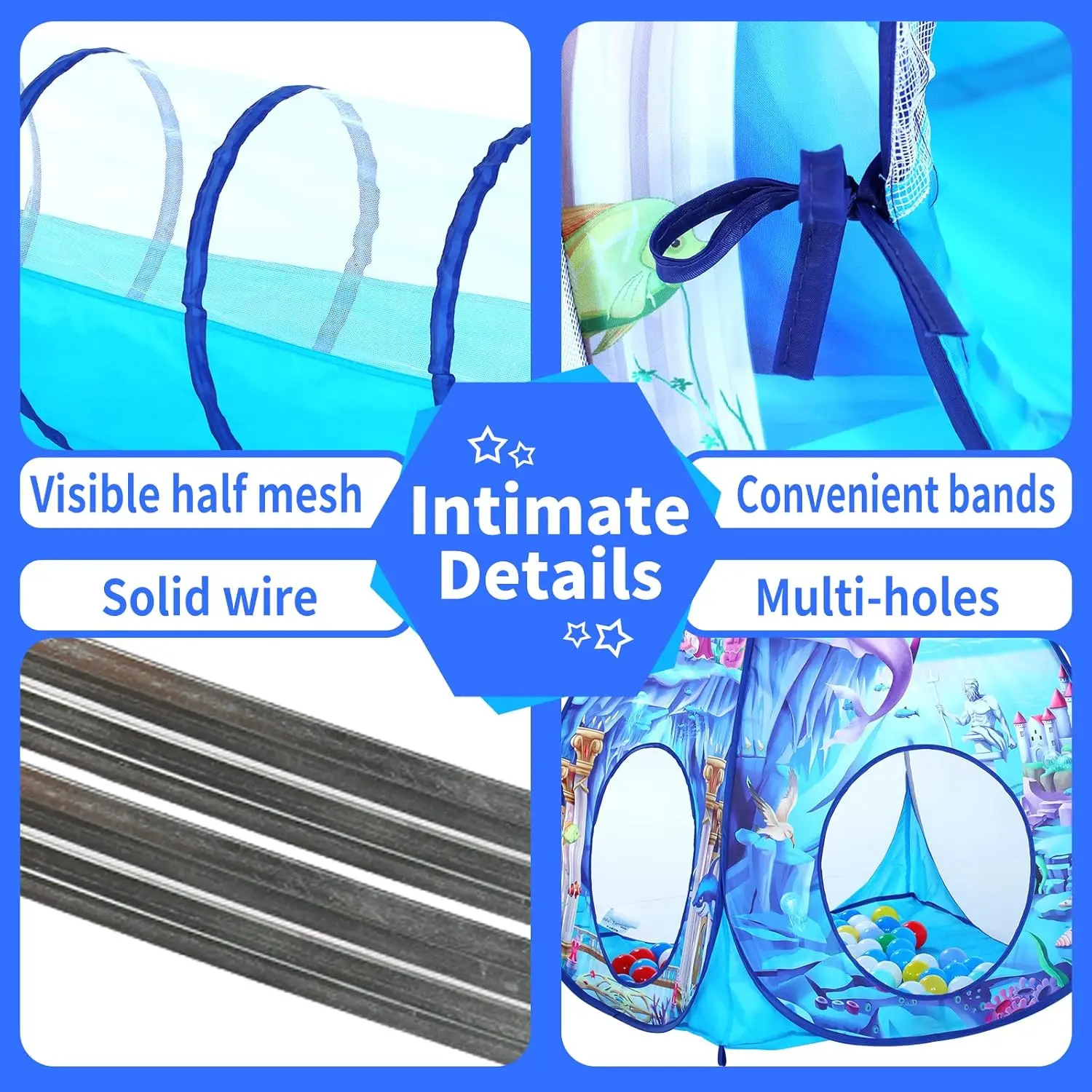 3 in 1 Kids Mermaid Play Tent for Toddler with Baby Ball Pit and Play Tunnel, Children Indoor Outdoor Playhouse with Crawling Tu