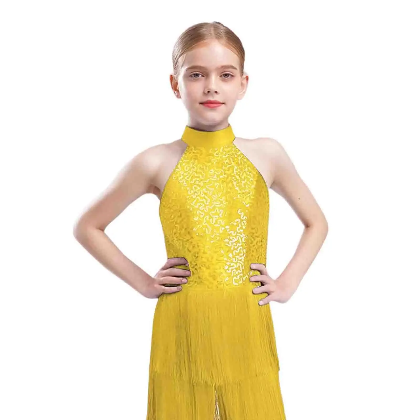 

Kids Girls Lyrical Samba Latin Tango Dance Bodysuits Halter Sleeveless Fringe Tassel Cha-cha Latin Dance Performance Leotards