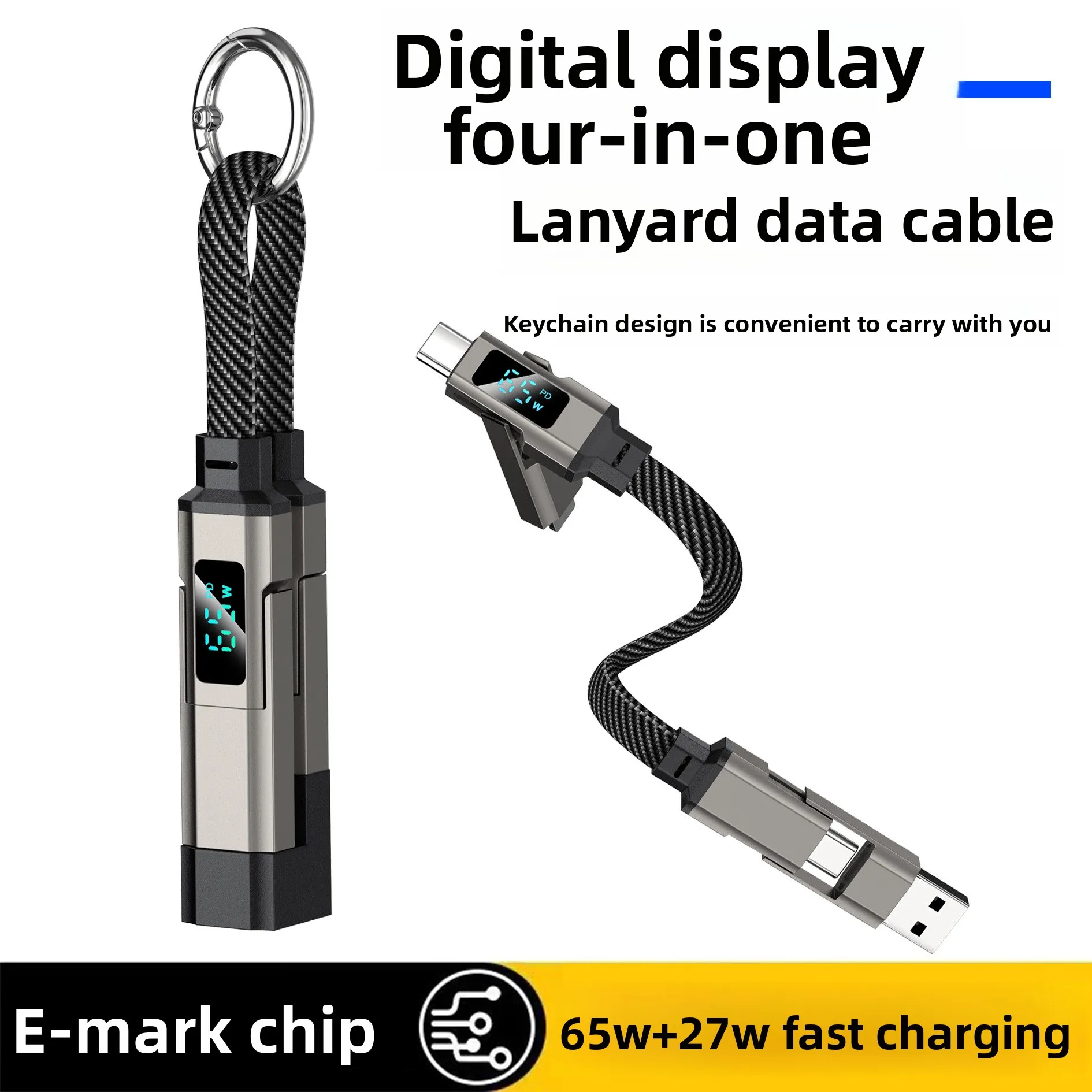 4-in1 Digital Display Charging Cable 65W PD USB-C to USB-C Fast Charging Mini Keychain Short Wire for IPhone/iPad/Samsung/xiaomi