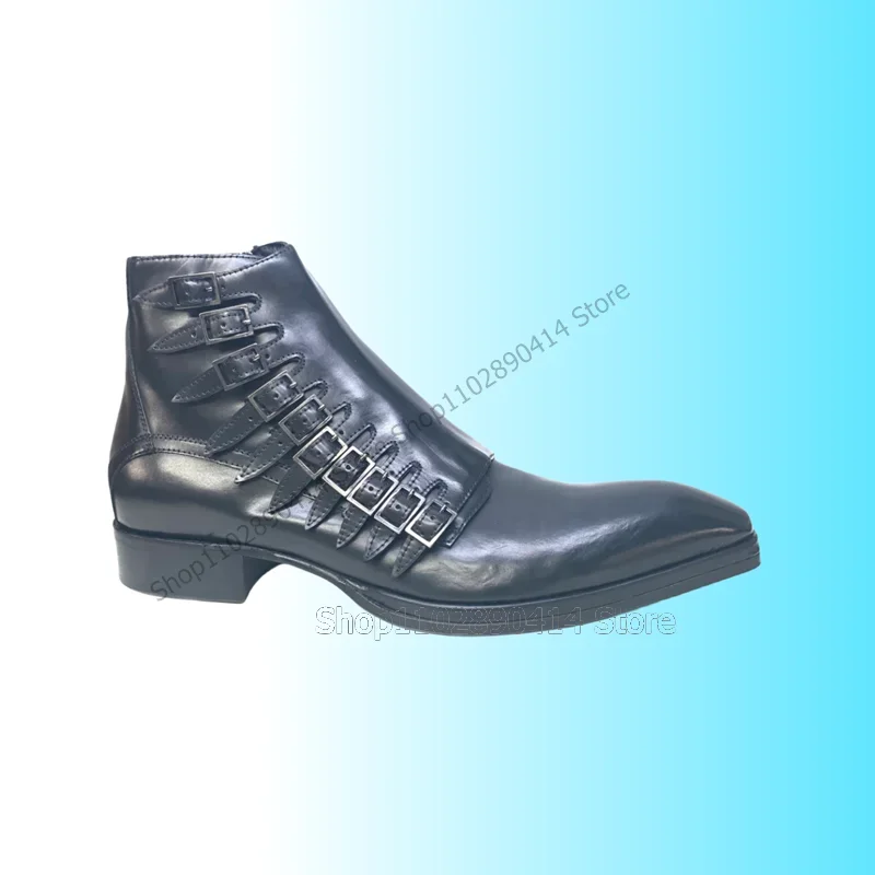 

Black Buckle Decor High Top Square Toe Ankle Boots Fashion Side Zipper Men Boots Luxurious Handmade Party Office Men Dress Shoes