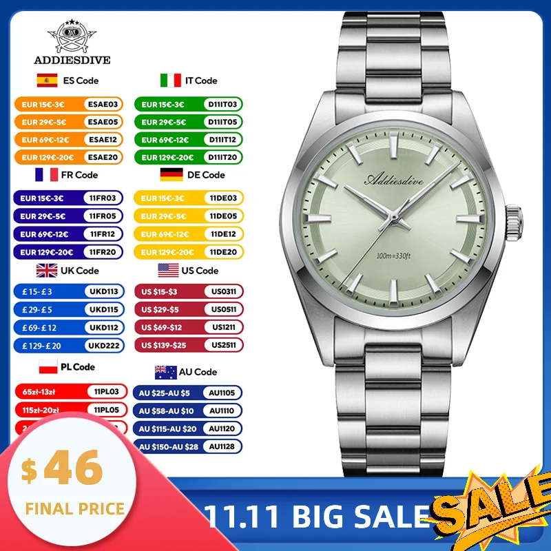 

ADDIESDIVE Hot AD2066 Men's Watch 36mm Bubble Mirror Glass VH31 Quartz Watches Luminous Waterproof Wristwatch Reloj Hombre