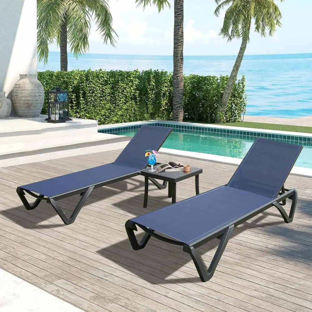

Navy Blue Adjustable Poolside Lounger with Side Table and Wheels for Outdoor Relaxation