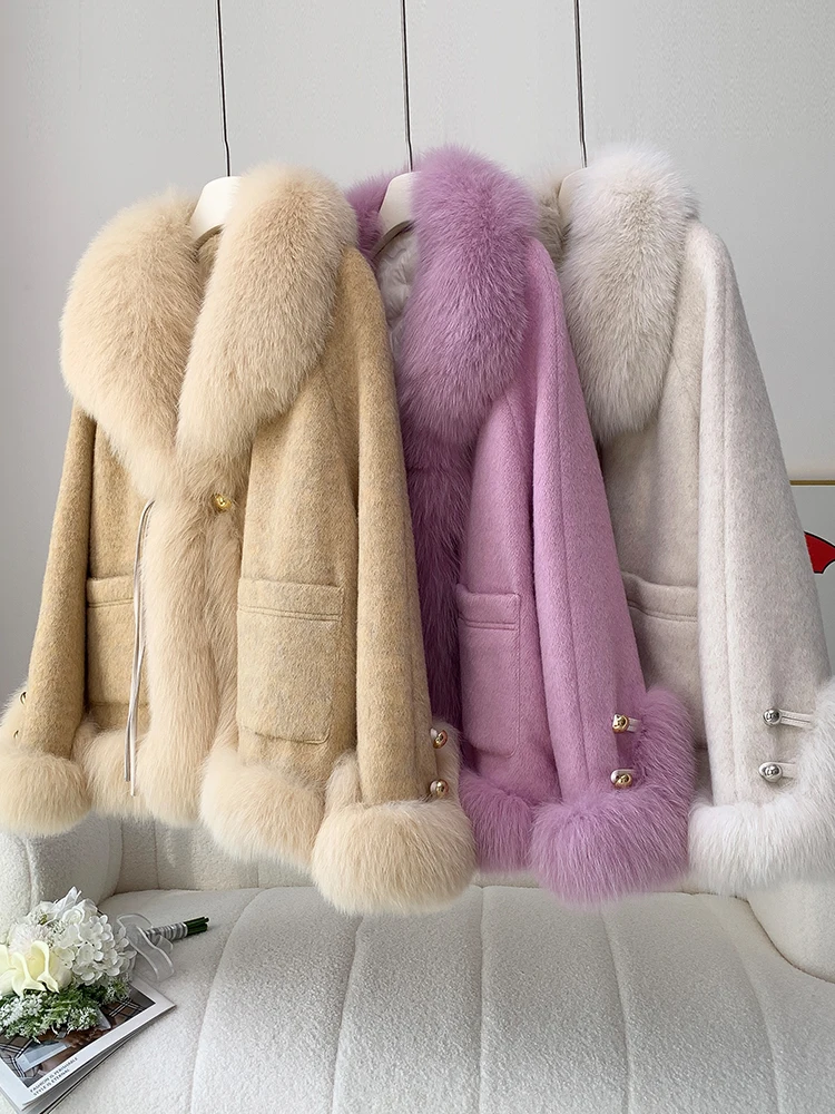 Woolen Solid Color High Quality Luxury Wool Coats For Women 2024 Winter Fashion Female New Elegant Tops Wear fox fur collar