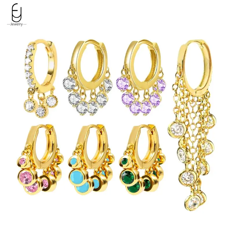 925 Sterling Silver Needle Exquisite Circular Zircon Chain Tassel Hoop Earrings Women's Colorful Pendant Earrings Luxury Jewelry