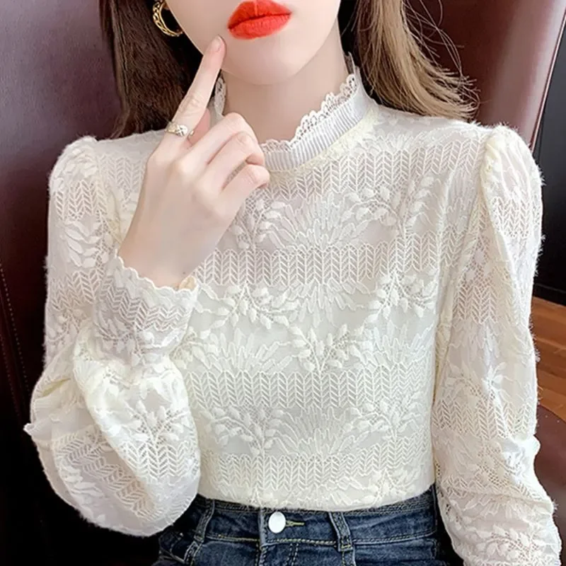 

Женская кружевная блузка с воротником-стойкой, женский топ с длинными рукавами, весенне-осенняя женская новая маленькая рубашка с французским темпераментом и интерьером