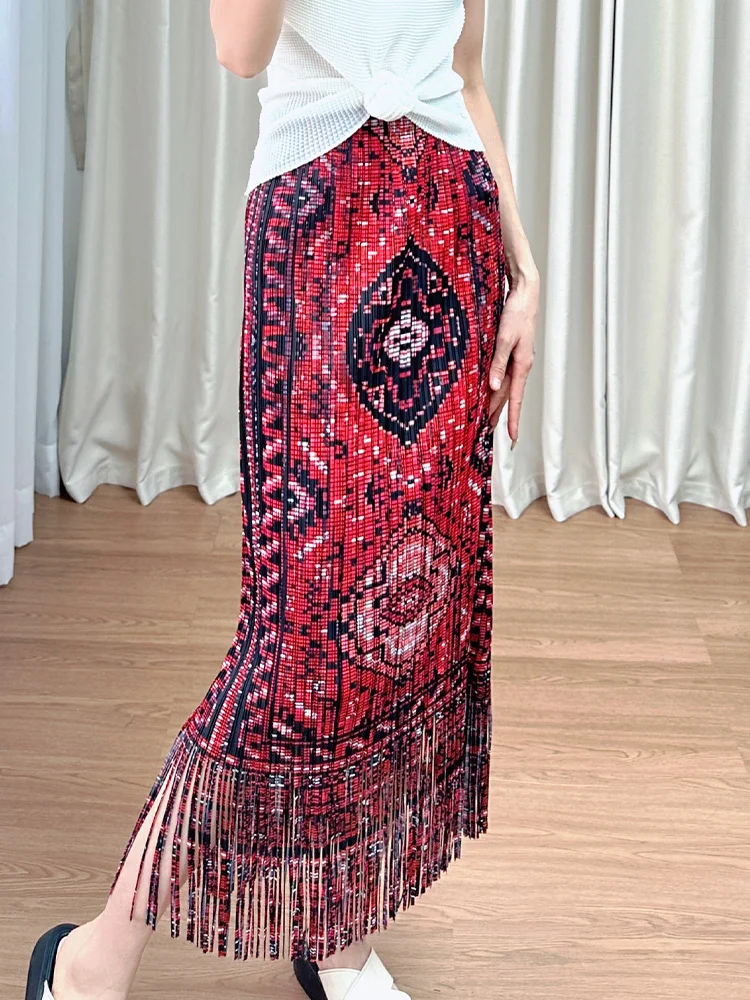 

High Waist Floral Print ter Ne Midi Dr Women's Faion Ele Simple Sle Polyester Fiber Skirt with Fringes