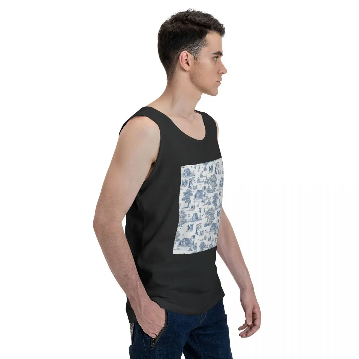 Toile De Jouy French Motif 100% Cotton Men's Sweatshirt Vest Sleeveless Clothing Tees Men Tank Tops T-shirt