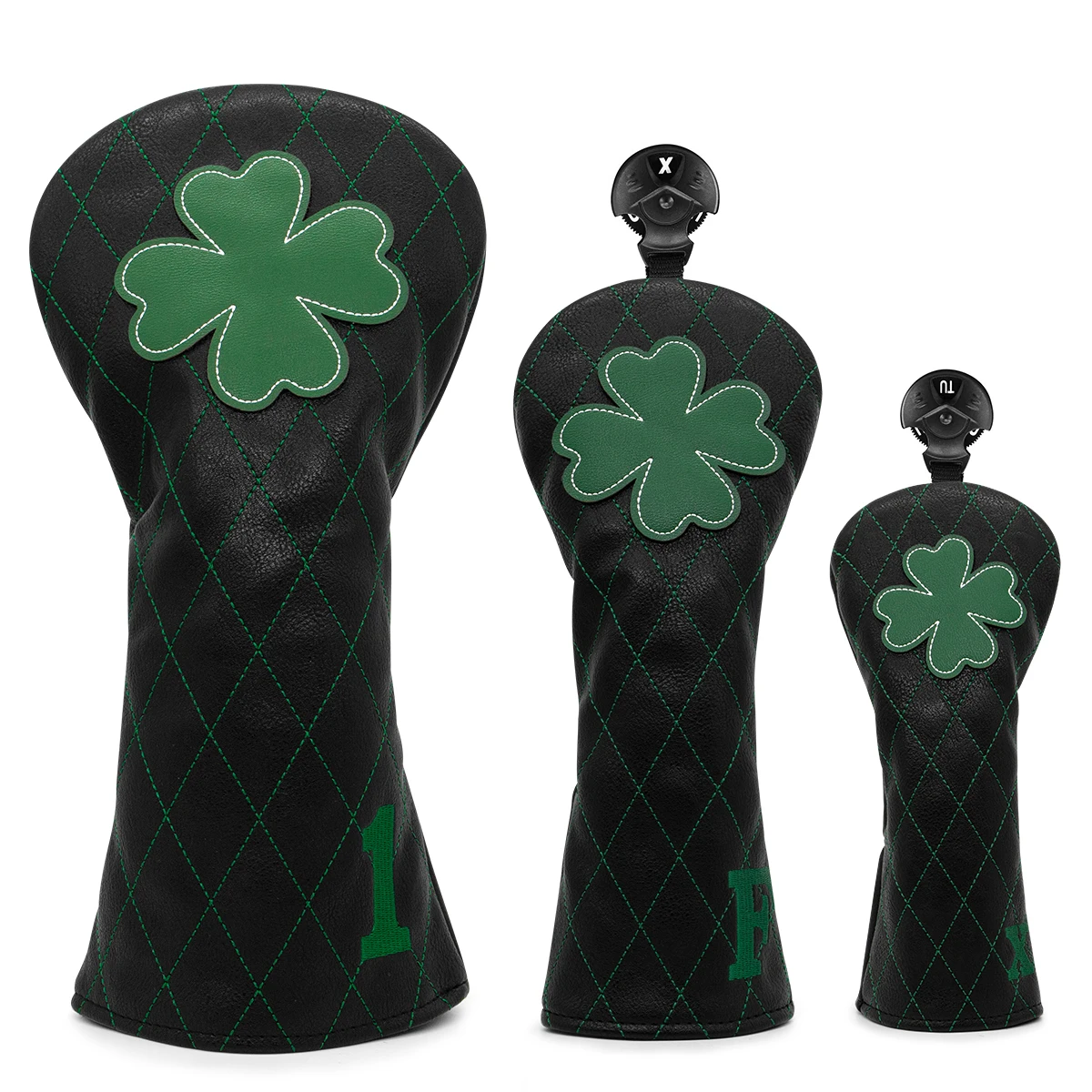 Golf Headcovers for Driver Head Cover, Embroidery Black Leather, Lucky Clover, Premium Leather Driver Fairway, Wood Hybrid