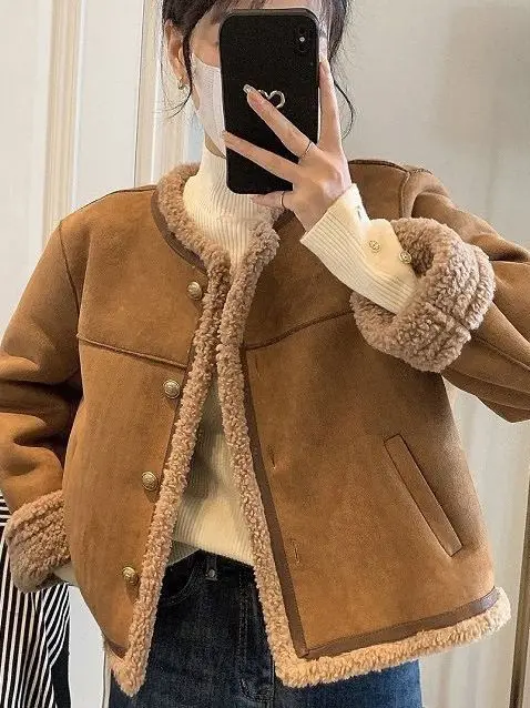 

Женское пальто на меховой подкладке Jaet, новинка зимы 202, корейская свободная посадка, маленький размер, верхняя одежда из меха ягненка
