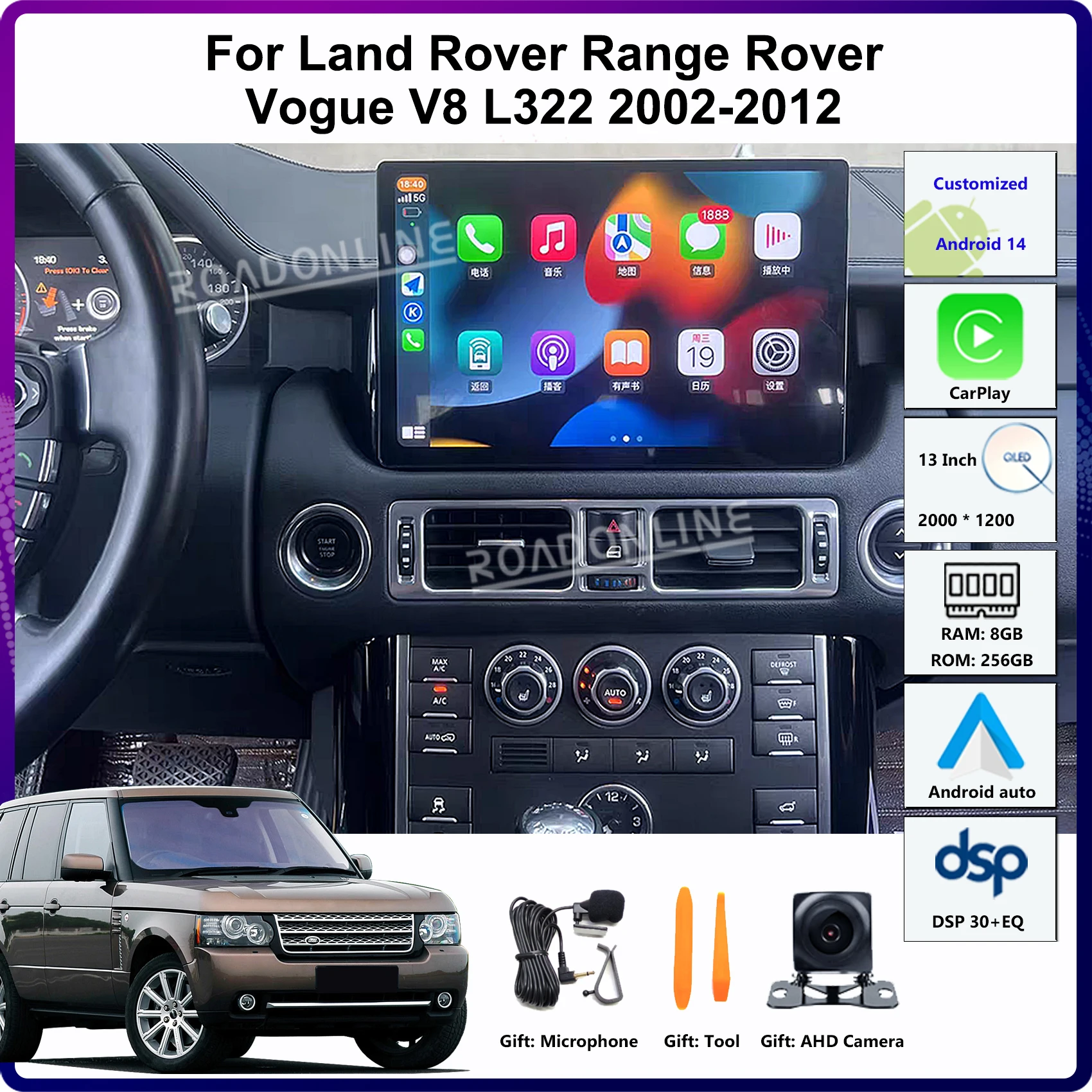 

13" For Land Rover Range Rover Vogue V8 L322 2002-2012 Car Multimedia Player Radio Receiver 2000*1200 GPS CarPlay Supports 4*4