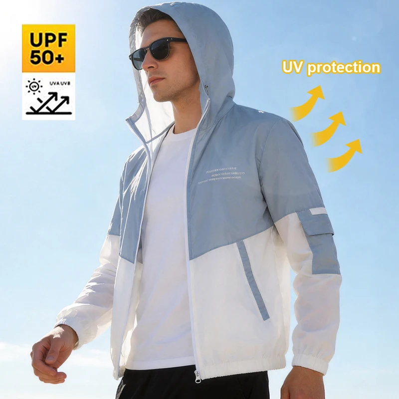 

Новая летняя мужская рубашка с защитой от солнца, тонкая быстросохнущая ветрозащитная куртка с капюшоном, дышащий повседневный универсальный кардиган с буквенным принтом