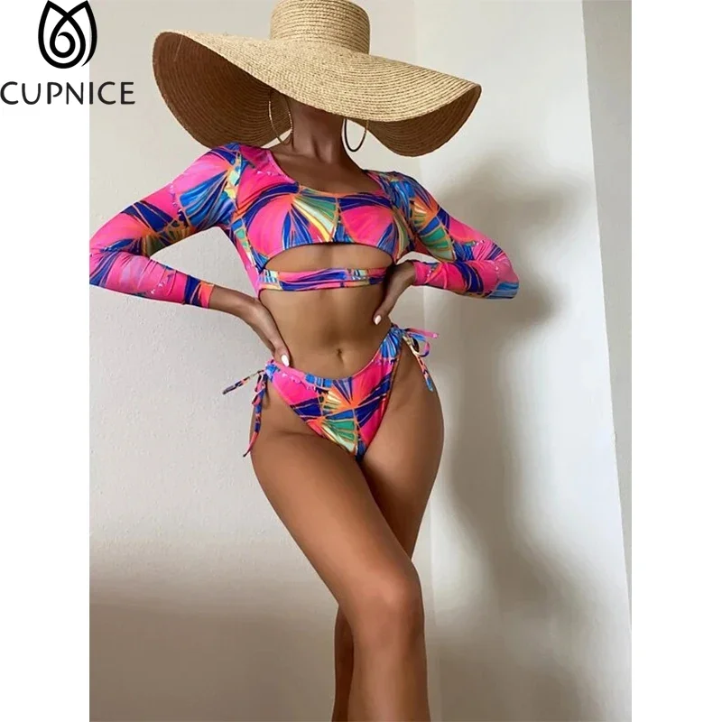 Long Sleeve Cropped Two Pieces Bikini Sets 2023 Women Print Cut-out Side Tie Bikinis