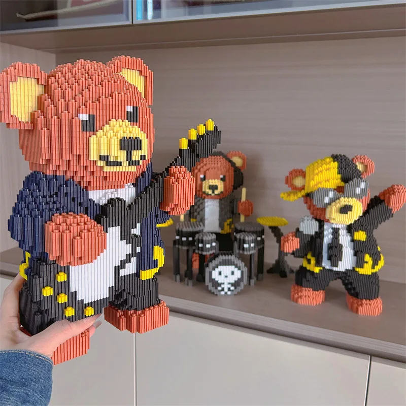 Kawaii 3D DIY mapache juguete de bloques de construcción marrón música oso banda figura de fiesta modelo divertido Animal Kit de montaje regalo de cumpleaños