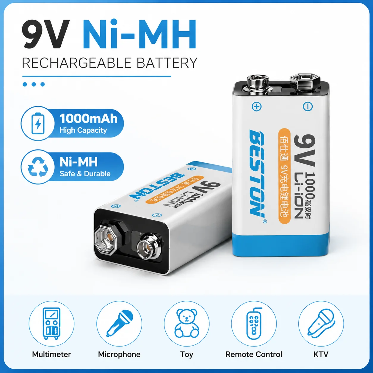 9V Ni-MH Rechargeable Battery 9 V 1000mAh Batteries with Charger for Multimeter Microphone Toy Remote Control KTV