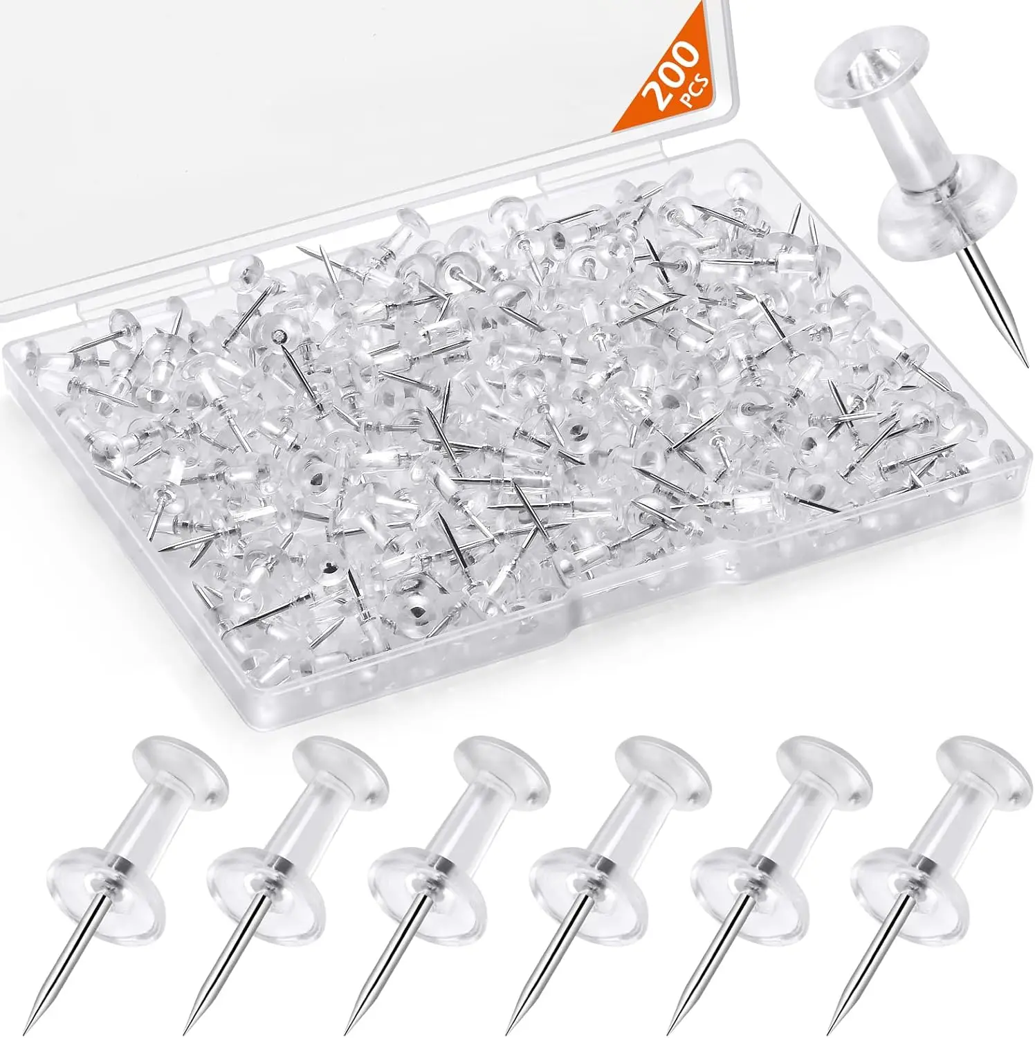 

200 Pcs Clear Plastic Head Push Pins, Steel Point Tacks for Wall Bulletin Board Corkboard Map Calendar Photo Home Office