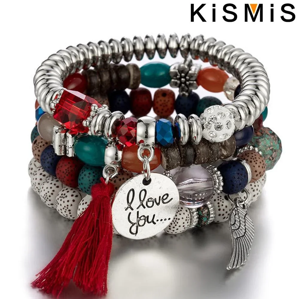 KISMIS 4Pcs/Set Bohemian Multilayer Stretchy Bead Stone Bracelets Fashion Love Tassel Charm Bracelet Female Jewelry