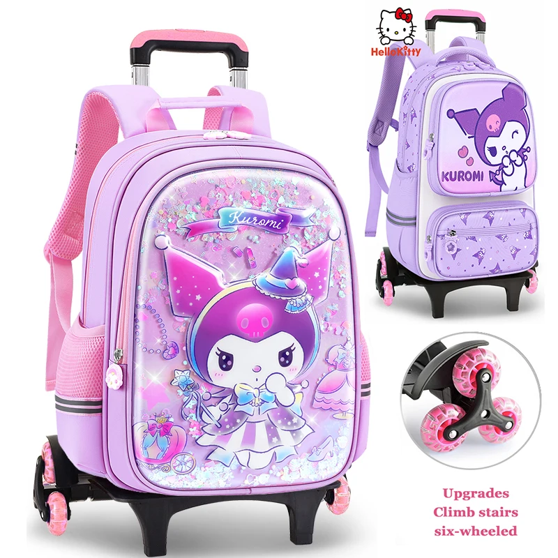 

Miniso Kuromi Girls Schoolbag On Wheels Pupils 6 Rounds Trolley Bag Student Wheeled School Bag Children Backpack Grade1-3-6 Gift