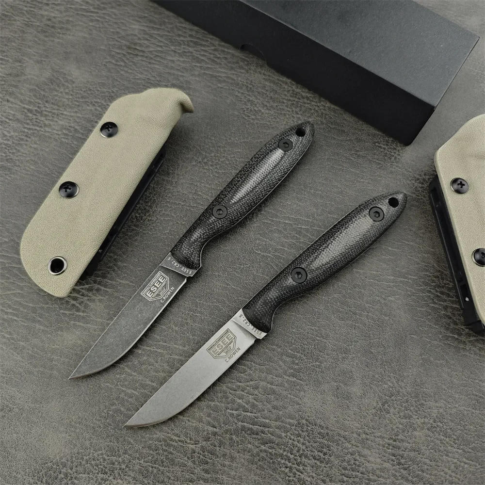 ESEE Knife D2 Stonewashed Fixed Blade, Linen Handle with Scabbard EDC Outdoor Tactical Knife EDC Camping Survival Hunting Tool