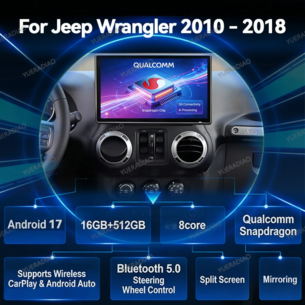 Android 17 Car Radio For Jeep Wrangler 3 JK 2010 - 2018 GPS NAVI Carplay Automotive Head Unit 2K QLED Touch Screen FM 4G WIFI BT