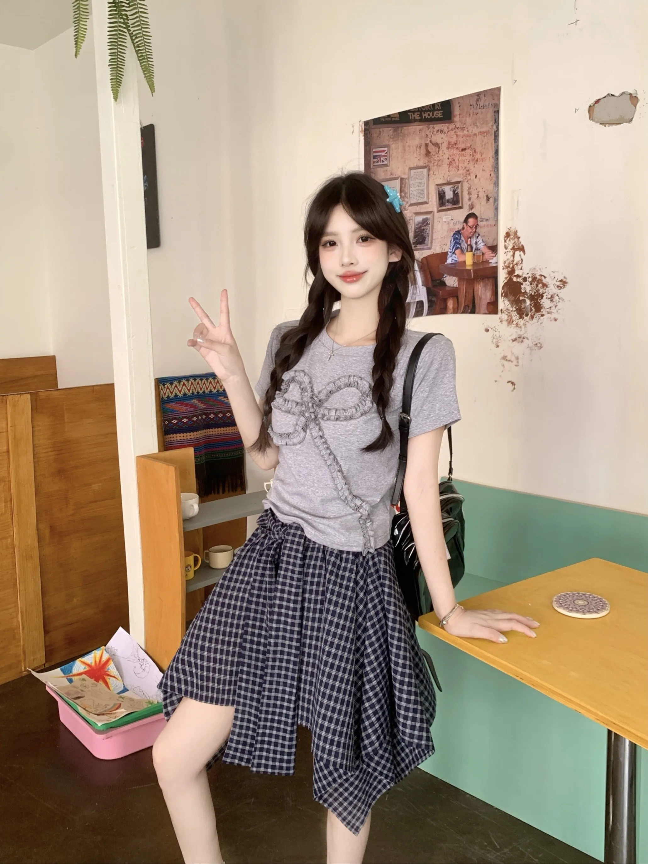 韓国 Sle Knot ort Sve T-irt レディース 不均等チェック柄 f スカート プラスサイズ Faionable 痩身 2 点セット