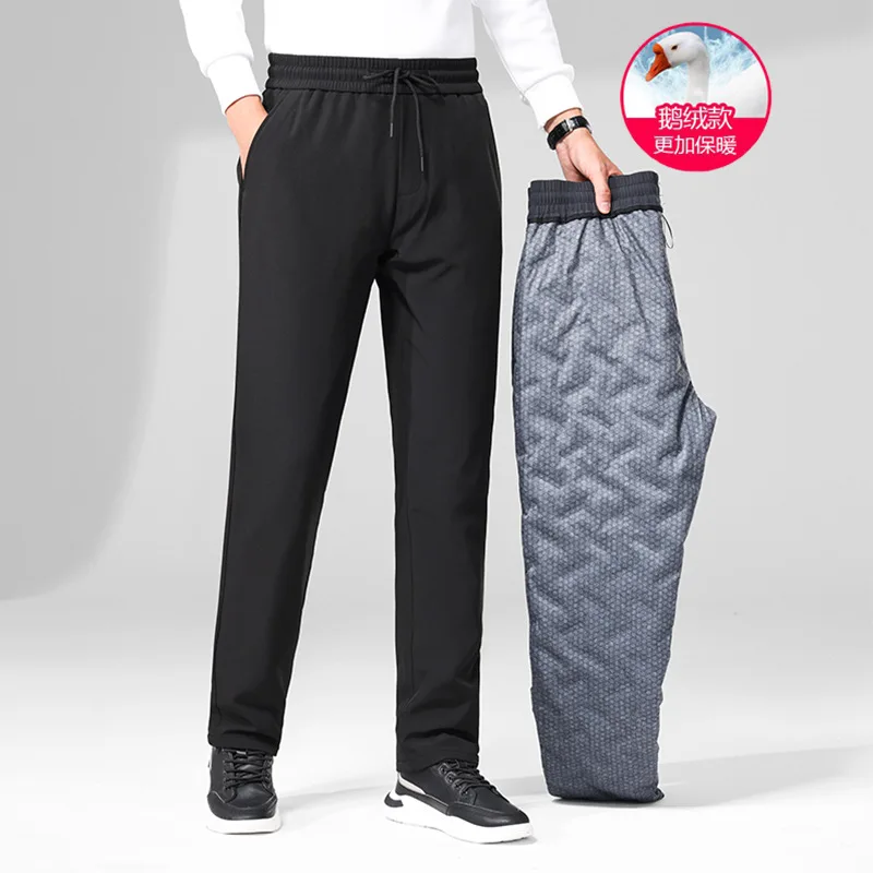 

Мужские зимние брюки из 90% гусиного пуха, прямые свободные брюки с эластичной резинкой на талии, толстые, теплые, повседневные, пуховые брюки, мужские брюки כ вол всем миллиард движе lui PT-586