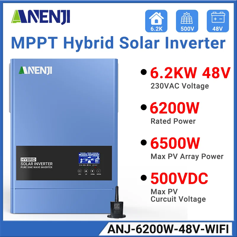 6.2KW Solar Hybrid Inverter 48V Solar Inverter On-grid 220Vac Built-in WIFI & 120A MPPT Solar Charge Controller For PV 500Vdc