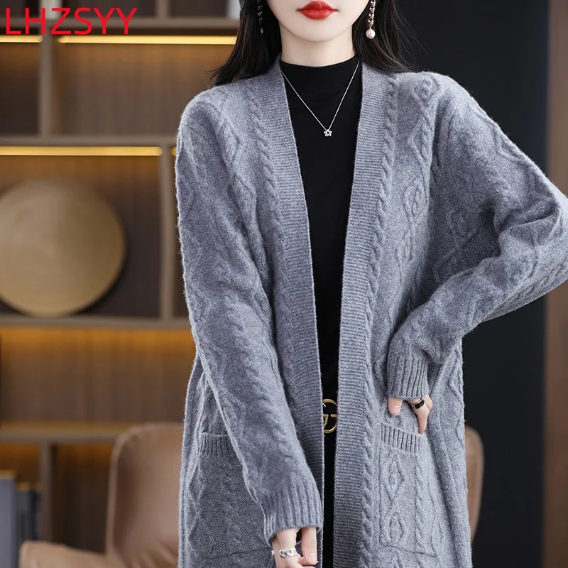 LHZSYY 100% Pure Wool Cashmere Coat Women\'s Jacket Warm Long Knit Cardigan 2023 Spring New Fashion Over-The-Knee Large Size coat