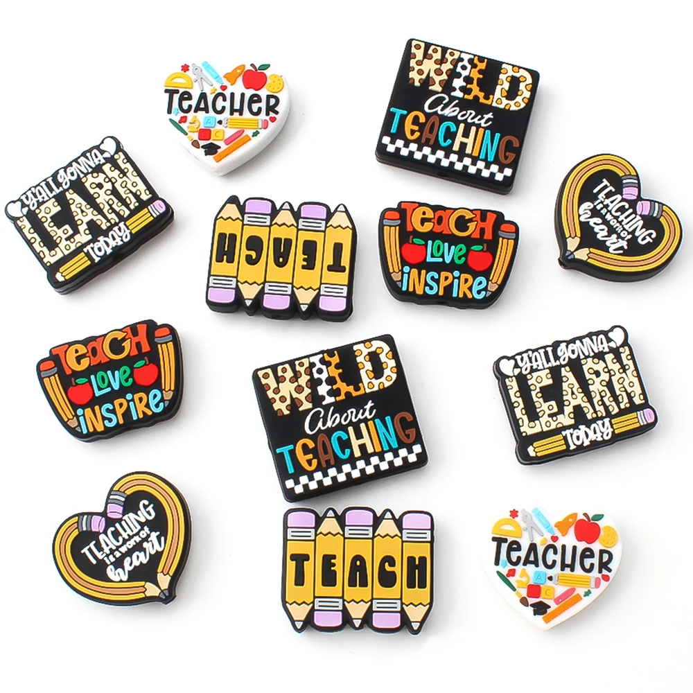 5/20/50 قطعة موضوع يوم المعلم سيليكون الخرز لصنع المجوهرات العودة إلى موسم المدرسة تصاميم الخرز البؤري KeysChain لتقوم بها بنفسك القلم