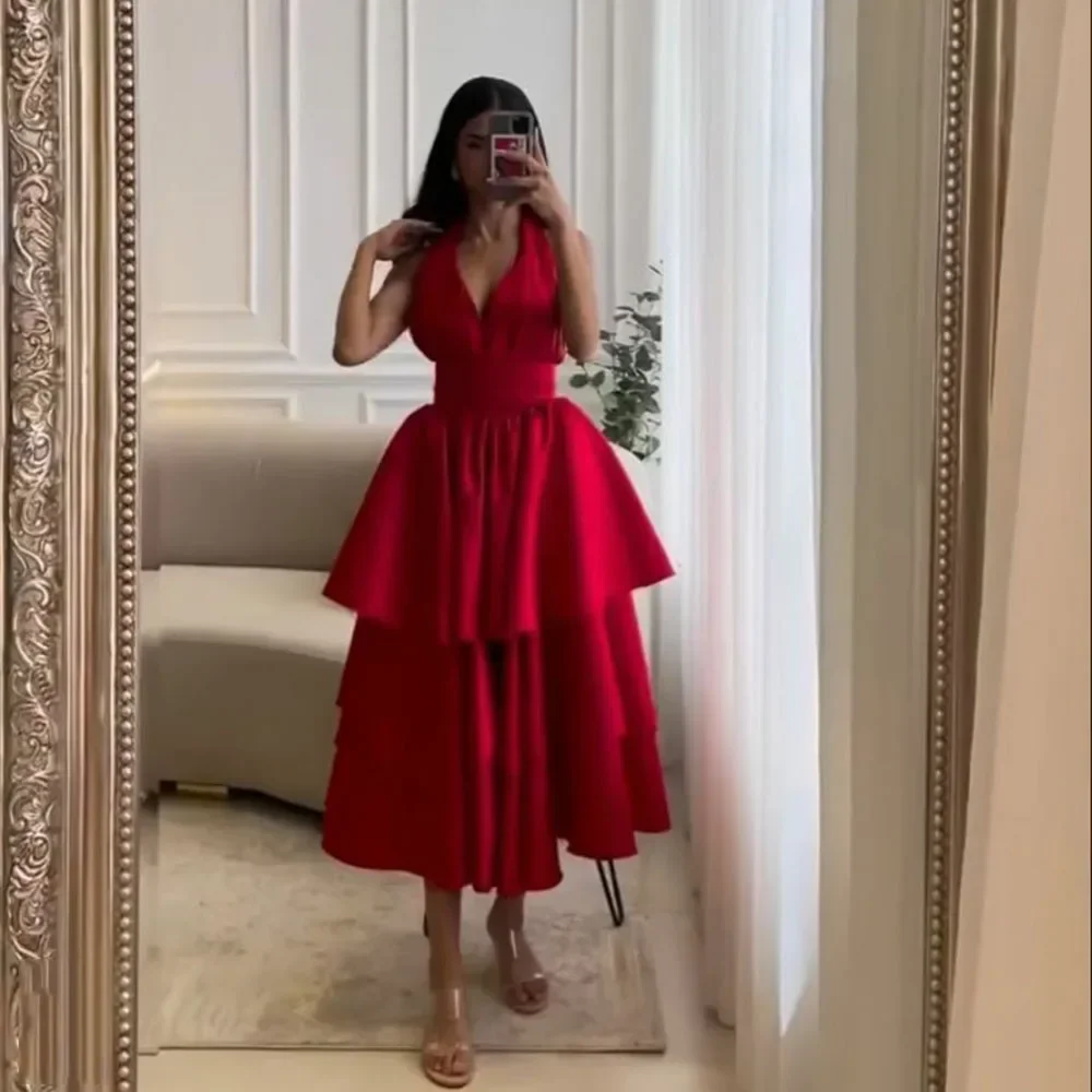 

Customized Red Saudi Arabia Prom Dresses V Neck Tiered A Line Sleeves Party Gowns Tea-Length Dubai Women Evening Dress Retro Hi