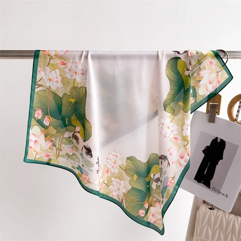 

70cm Chinese Style Lotus Printed Scarf Women's Soft Satin Plant Printed Scarfs Thin and Fashionable Headscarf Shawl Scarf