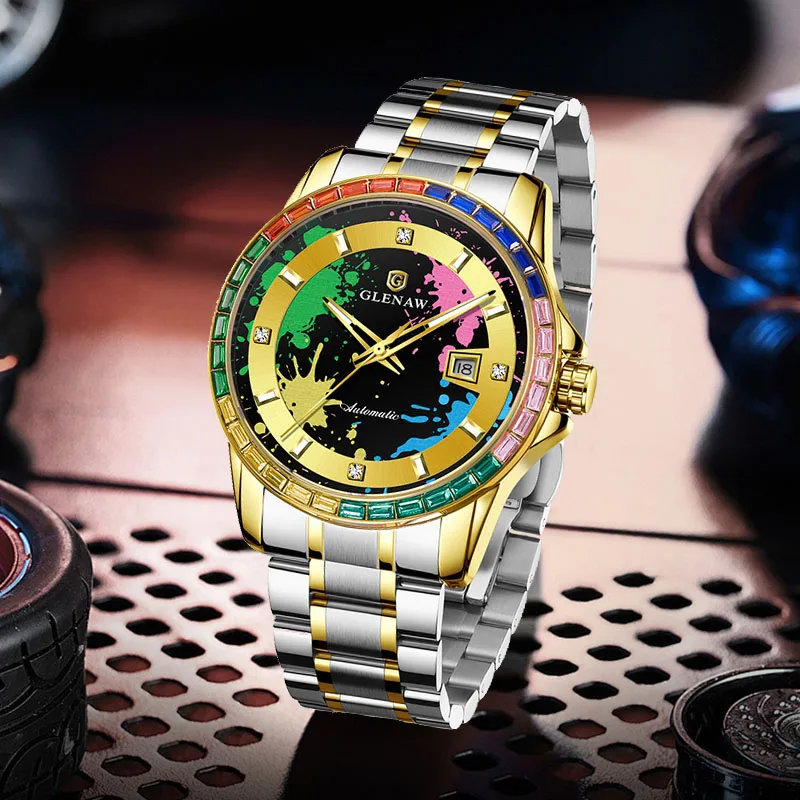 

GLENAW мужские часы автоматические механические деловые наручные часы водостойкий ремешок из нержавеющей стали с бриллиантами граффити наручные часы мужские
