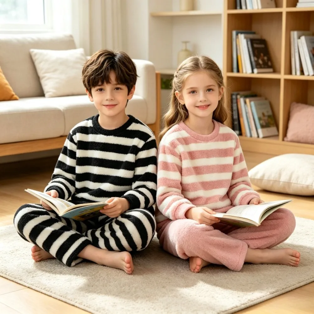 Kids Fleece Loungewear Set Striped Antibacterial Sleepwear Round Neck Long Sleeve Elastic Waist Pajama Autumn Winter 4-16 Years