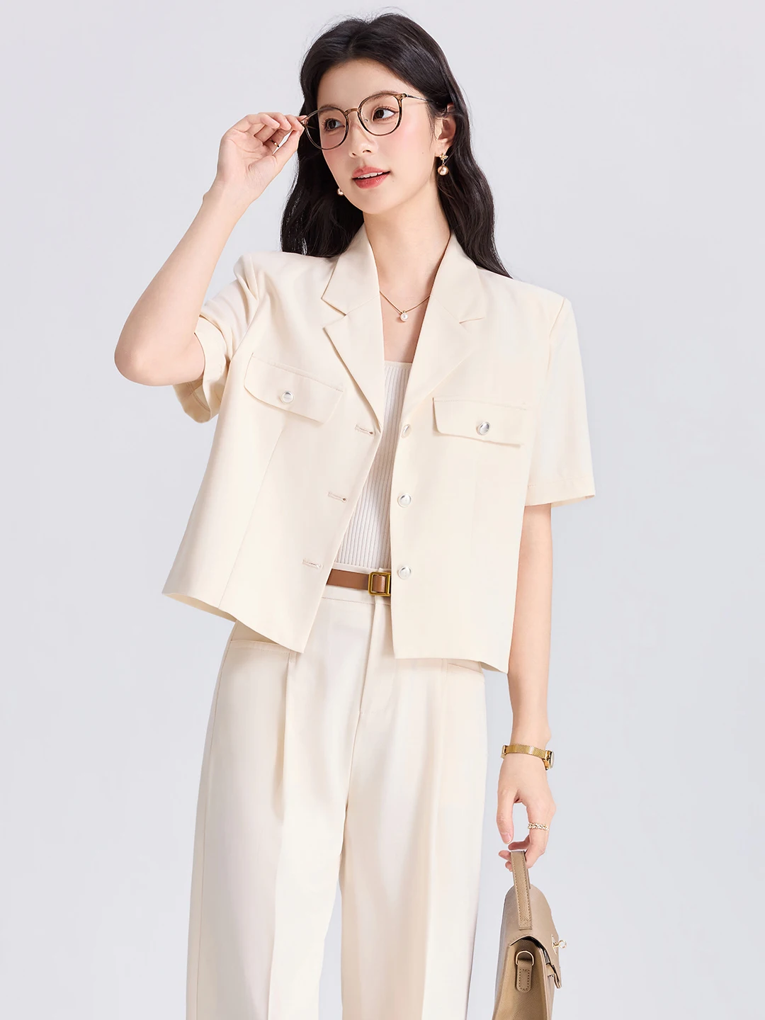 Beige Short Sleeve Suit Jacket Women's Small Size Summer New Thin Casual Interview Formal Wear Polyester Fiber Half 