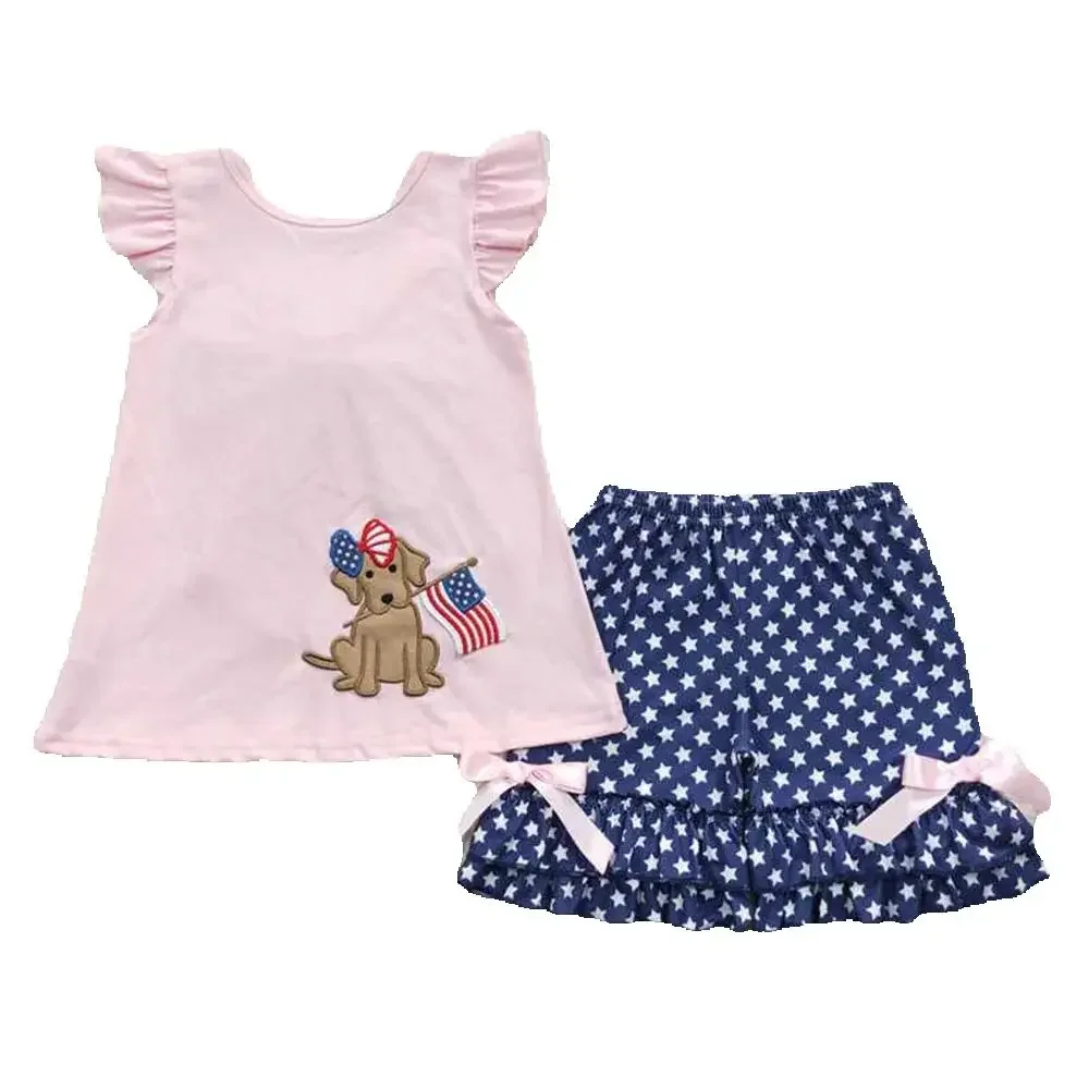 GSSO0236 baby girl clothes blue 4th of july patriotic outfit embroidery god flag set embroidered